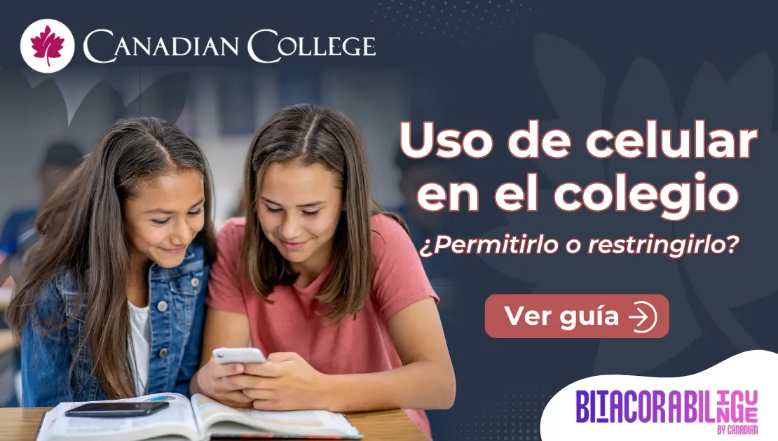 Dos estudiantes mirando juntas una pantalla de celular sobre un libro de texto junto al título Uso de celular en el colegio.