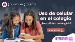 Dos estudiantes mirando juntas una pantalla de celular sobre un libro de texto junto al título Uso de celular en el colegio.