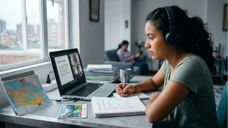Estudiante con audífonos frente a su laptop y un mapa, analizando las opciones y precio de un curso de inglés en Canadá