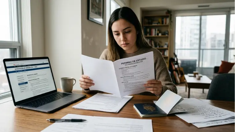 Estudiante revisando un permiso de estudio y pasaporte, evaluando la inscripción y precio de un curso de inglés en Canadá.
