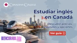 Banner con un tren moderno frente a la ciudad de Toronto con el texto "Estudiar inglés en Canadá: Descubre precios, requisitos y opciones."