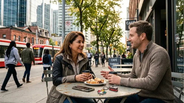 Pareja conversando en una terraza de café urbano, representando la adaptación al estilo de vida al vivir en Canadá.