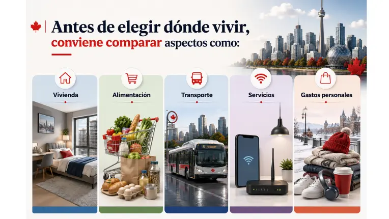 Infografía que compara vivienda, alimentación, transporte, servicios y gastos clave para planificar el vivir en Canadá.