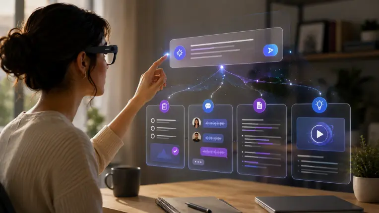 Persona interactuando con una interfaz holográfica, representando las mejores inteligencias artificiales para aprender idiomas