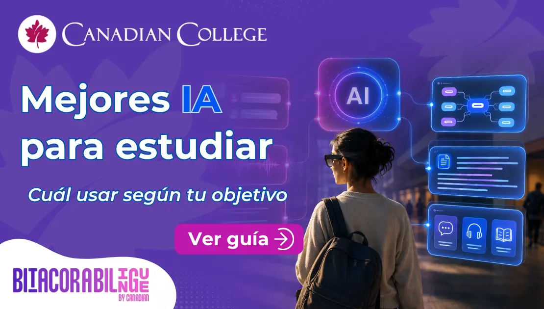 Banner con un estudiante con mochila mirando pantallas flotantes con íconos de IA junto al texto "Mejores IA para estudiar: Cuál usar según tu objetivo."
