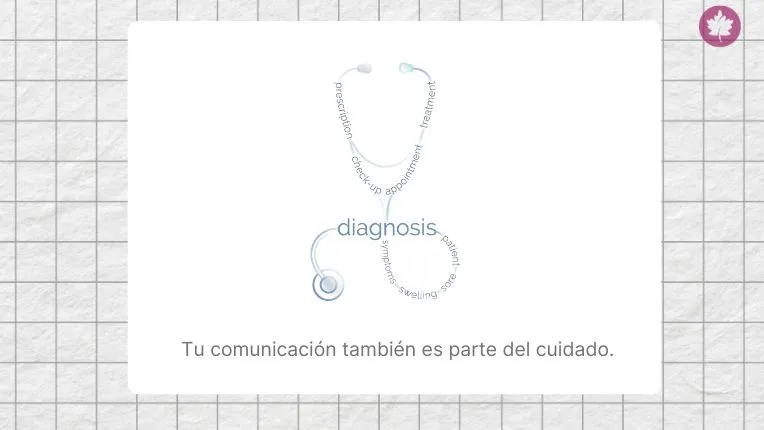 Ilustración de un estetoscopio formado por palabras clave en inglés técnico, representando el inglés para médicos.