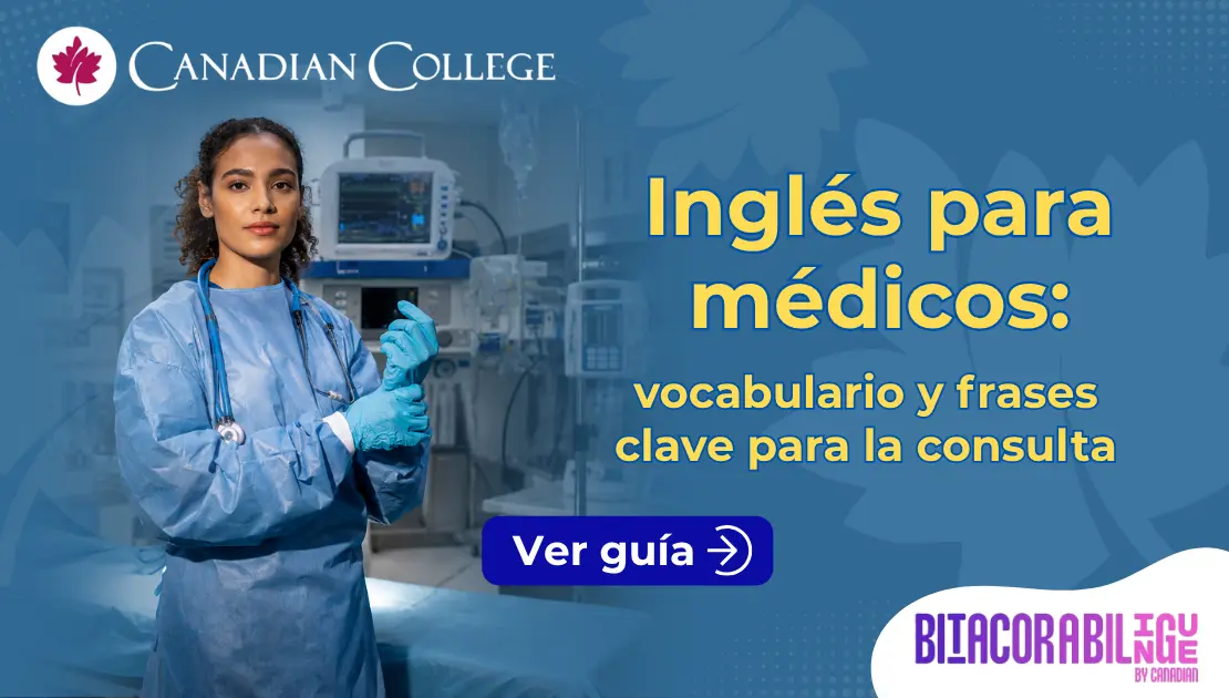 Banner con una doctora con bata quirúrgica en un hospital junto al texto "Inglés para médicos: vocabulario y frases clave para la consulta".