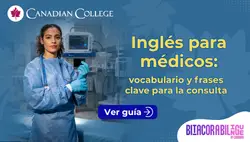 Banner con una doctora con bata quirúrgica en un hospital junto al texto "Inglés para médicos: vocabulario y frases clave para la consulta".