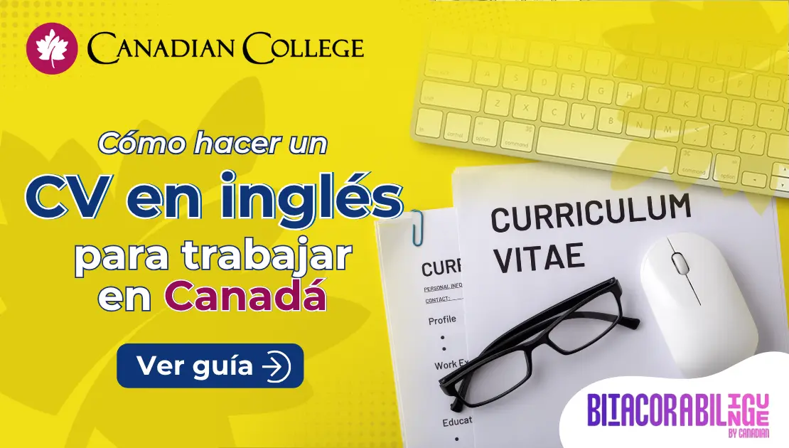 Banner con documentos de Curriculum Vitae con lentes, teclado y mouse sobre fondo amarillo con el texto "Cómo hacer un CV en inglés para Canadá."