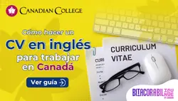Banner con documentos de Curriculum Vitae con lentes, teclado y mouse sobre fondo amarillo con el texto "Cómo hacer un CV en inglés para Canadá."