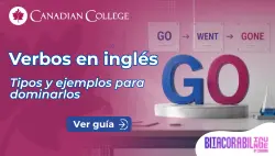 Banner con letras 3D del verbo GO con cuadros al fondo de GO, WENT y GONE junto al texto "Verbos en inglés: Tipos y ejemplos para dominarlos."