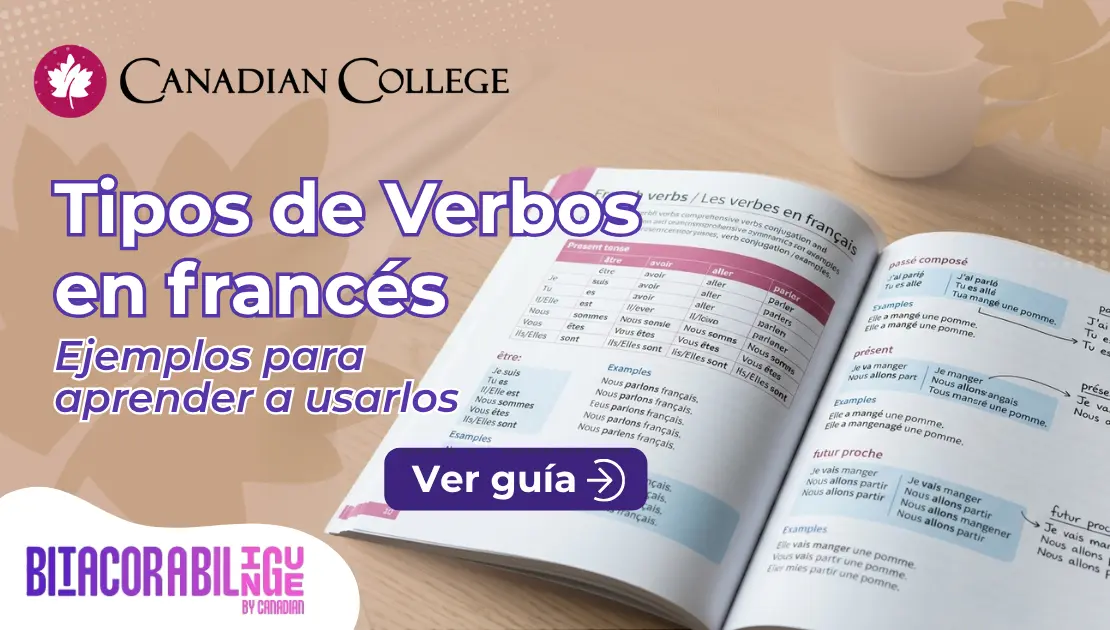 Banner con un libro de gramática abierto con tablas de conjugación junto al texto "Tipos de Verbos en francés: Ejemplos para aprender a usarlos."