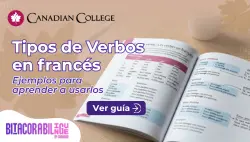 Banner con un libro de gramática abierto con tablas de conjugación junto al texto "Tipos de Verbos en francés: Ejemplos para aprender a usarlos."