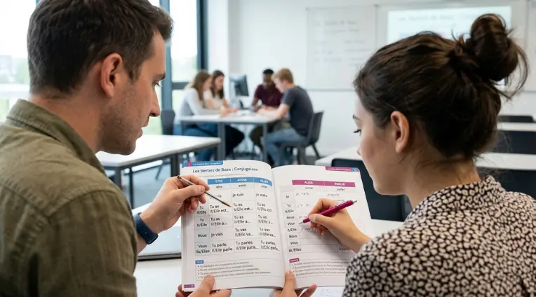 Estudiantes consultando un libro con tablas de conjugación en clase, ideal para repasar los verbos en francés.