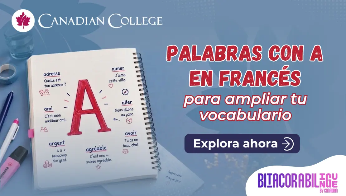 Banner con un cuaderno con anotaciones de palabras en francés que inician por A junto al texto "PALABRAS CON A EN FRANCÉS para ampliar vocabulario."