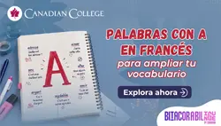 Banner con un cuaderno con anotaciones de palabras en francés que inician por A junto al texto "PALABRAS CON A EN FRANCÉS para ampliar vocabulario."
