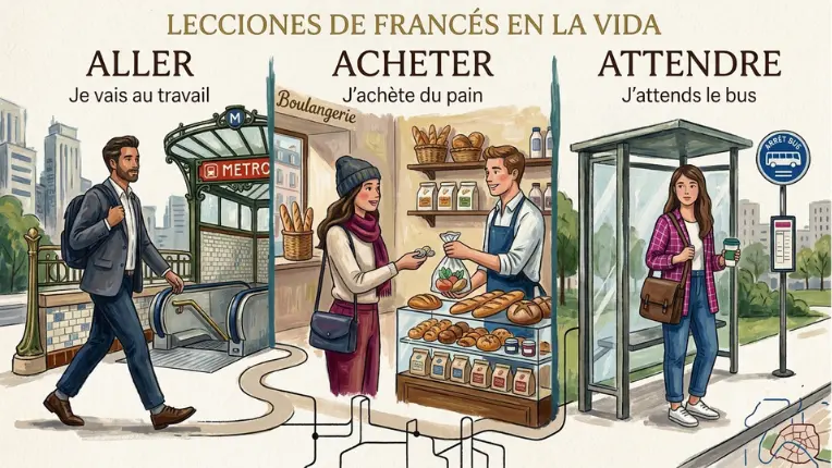 Ilustración con ejemplos de acciones cotidianas para aprender verbos cotidianos y palabras con A en francés.
