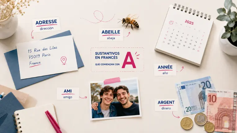 Composición visual con objetos y tarjetas ilustrando sustantivos y vocabulario sobre palabras con A en francés.