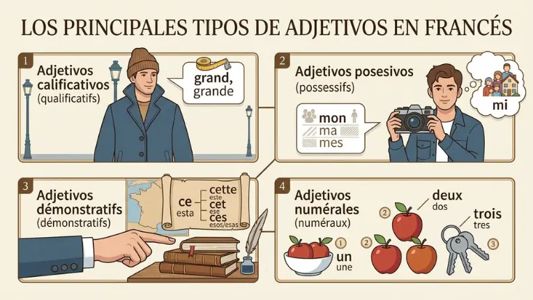 Infografía explicativa con los principales tipos de adjetivos en francés: calificativos, posesivos, demostrativos y numerales.