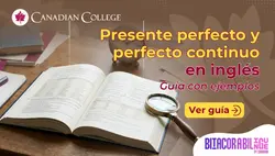 Banner con un libro abierto sobre escritorio de madera junto a una lupa y el texto "Presente perfecto y perfecto continuo en inglés"