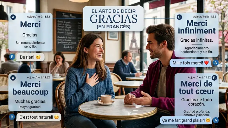 Infografía con expresiones de agradecimiento como Merci y Merci beaucoup, para aprender cómo decir gracias en francés.