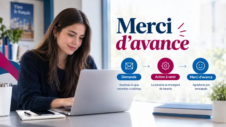 Mujer usando su laptop en un escritorio, con la frase Merci d’avance y un esquema sobre cómo decir gracias en francés.