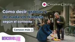 Mujer ayudando a un adulto mayor a recoger frutas caídas en la calle junto al texto Cómo decir gracias y de nada en francés.
