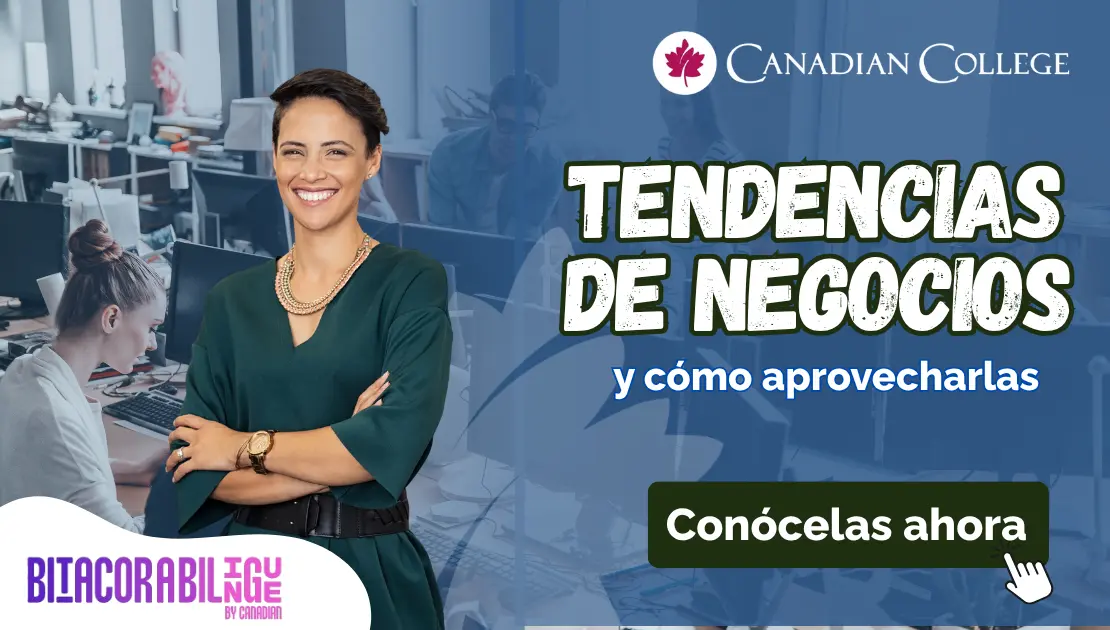 Banner con una Mujer sonriente de brazos cruzados en una oficina, junto al texto "TENDENCIAS DE NEGOCIOS y cómo aprovecharlas"