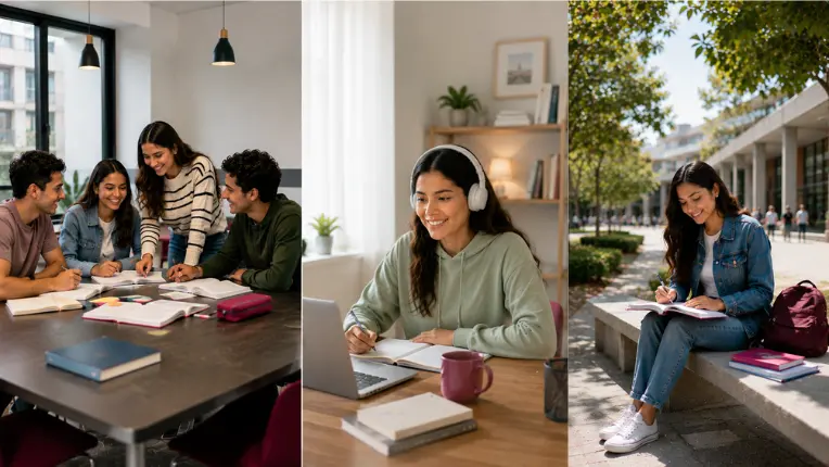 Collage de estudiantes en clases presenciales, virtuales y en universidades para cursos de francés en Bogotá y sus precios.