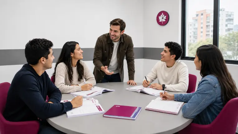Grupo de estudiantes en una mesa redonda escuchando a su profesor de Canadian College durante un curso de francés en Bogotá.
