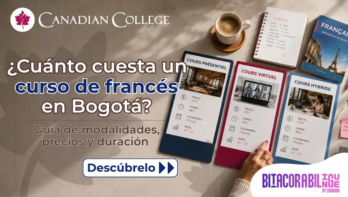 Banner con mano eligiendo entre tarjetas de cursos de francés junto al texto "¿Cuánto cuesta un curso de francés en Bogotá? Guía de precios."