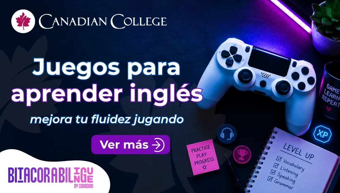Banner con control de consola de videojuegos y libreta con notas junto al texto "Juegos para aprender inglés: mejora tu fluidez jugando."