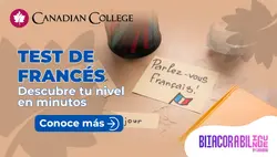 Banner con notas adhesivas con frases en francés sobre escritorio junto al texto "Test de francés: Descubre tu nivel en minutos" en azul.