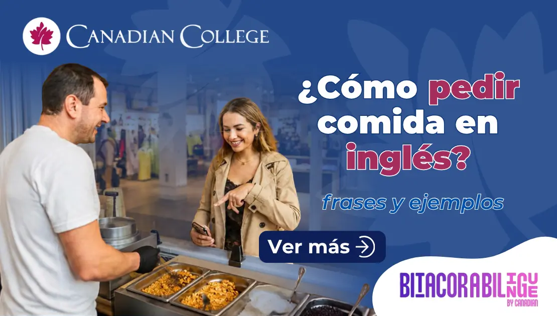 Banner con una mujer pidiendo comida en un mostrador frente a un mesero junto al texto ¿Cómo pedir comida en inglés? frases y ejemplos en azul
