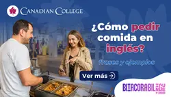 Banner con una mujer pidiendo comida en un mostrador frente a un mesero junto al texto ¿Cómo pedir comida en inglés? frases y ejemplos en azul