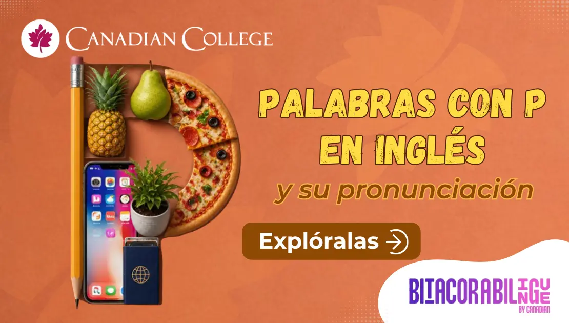 Banner con una composición en forma de letra P con lápiz, piña y pizza junto al texto "PALABRAS CON P EN INGLÉS y su pronunciación" en amarillo.
