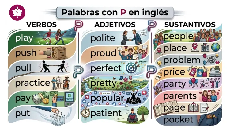 nfografía educativa con listas de verbos, adjetivos y sustantivos de palabras con P en inglés e ilustraciones.