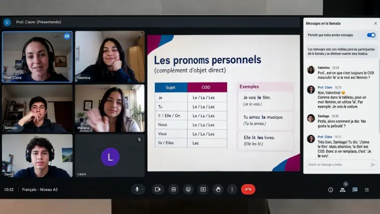 Clase virtual en pantalla con profesora y alumnos en un curso de francés para adolescentes online