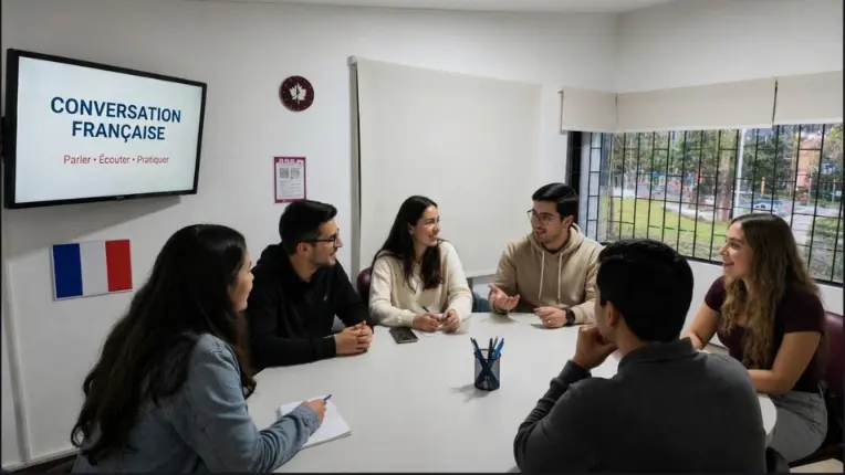 Grupo de jóvenes conversando en un aula presencial en un curso de francés para adolescentes