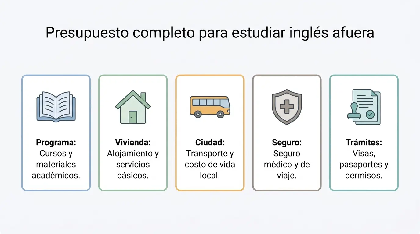Infografía con tarjetas explicativas sobre presupuesto, alojamiento y visados para estudiar inglés en el exterior.