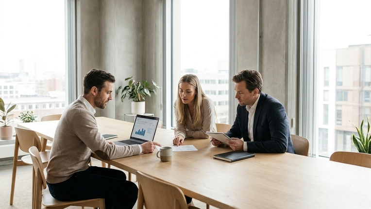 Foto de una negociación en inglés en una reunión de negocios con tres personas negociando en una mesa