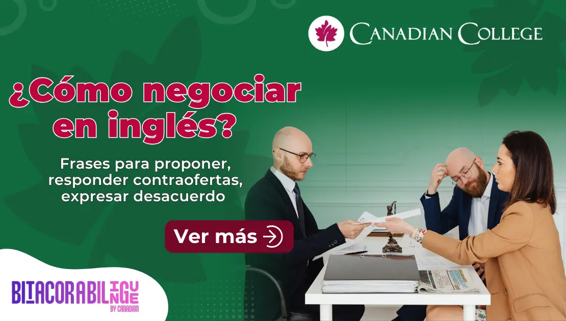 Banner con unas personas en reunión de negocios entregando documentos junto al título "¿Cómo negociar en inglés? Frases para proponer y acordar."
