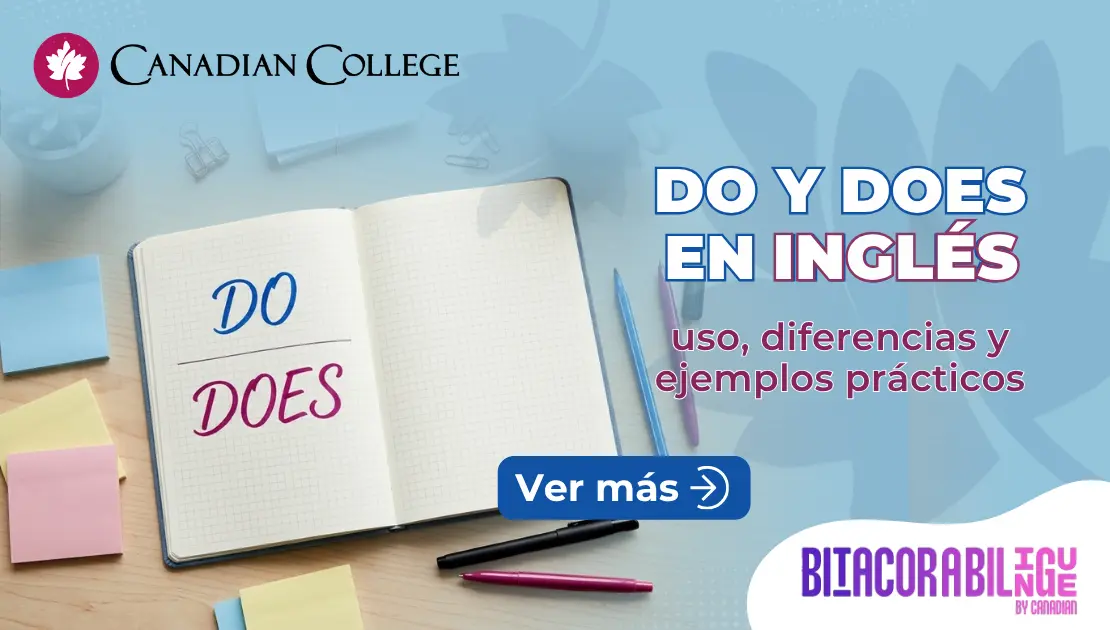 Banner con un cuaderno abierto con las palabras DO y DOES escritas junto al texto DO Y DOES EN INGLÉS: uso, diferencias y ejemplos prácticos.