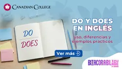 Banner con un cuaderno abierto con las palabras DO y DOES escritas junto al texto DO Y DOES EN INGLÉS: uso, diferencias y ejemplos prácticos.