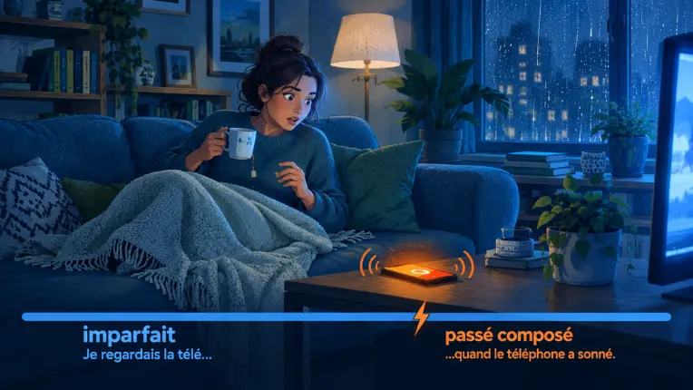 Ilustración de una acción continua interrumpida por un evento, enseñando el imparfait junto al passé composé en francés.
