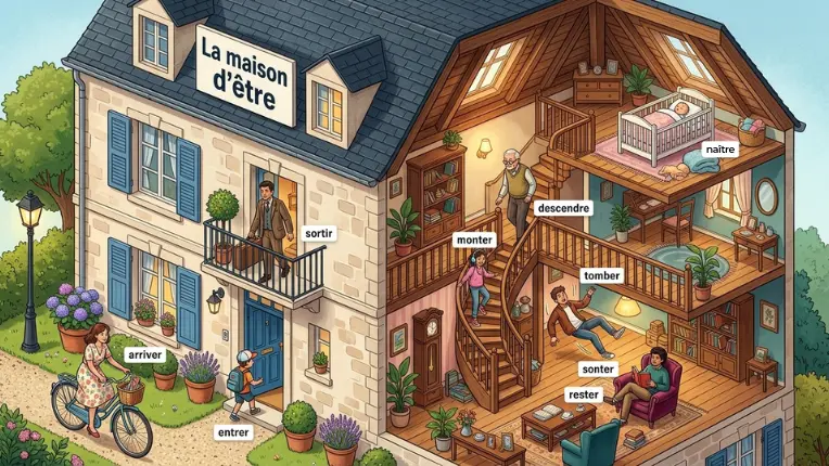 Ilustración de "La maison d'être" con verbos de movimiento para aprender la conjugación del passé composé en francés