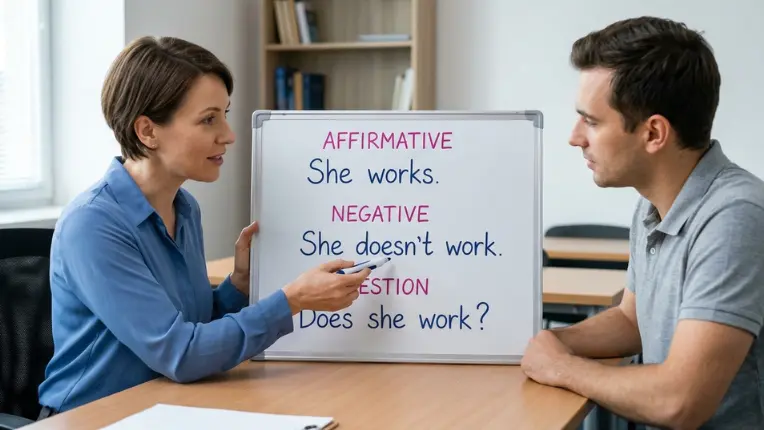 Profesora señalando en una pizarra ejemplos de oraciones afirmativas, negativas e interrogativas en presente simple en inglés.