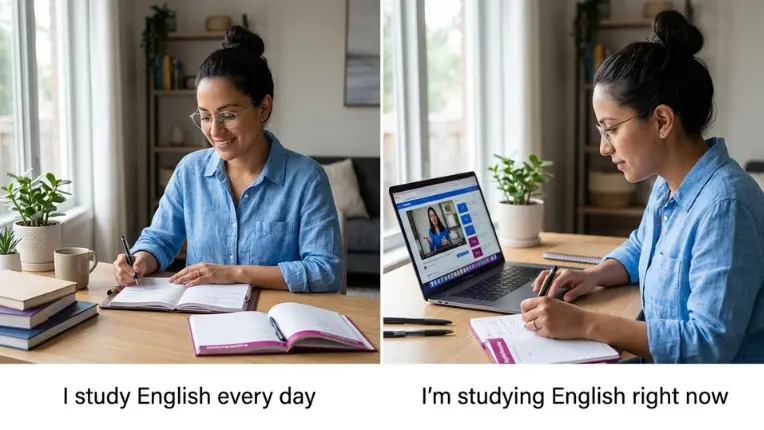 Mujer estudiando que ilustra con ejemplos la diferencia entre el presente simple para hábitos y el presente continuo.