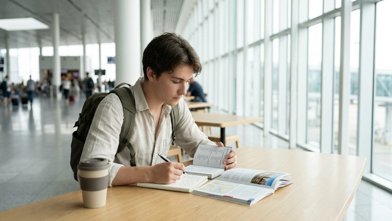 Pasajero sentado con un café estudiando vocabulario de frases en inglés para viajar en una libreta antes de abordar.