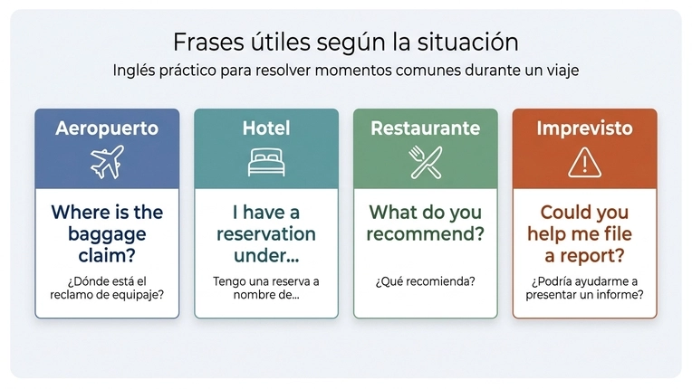 Infografía de frases en inglés para viajar que resume expresiones básicas y su traducción para comunicarse según la situación.